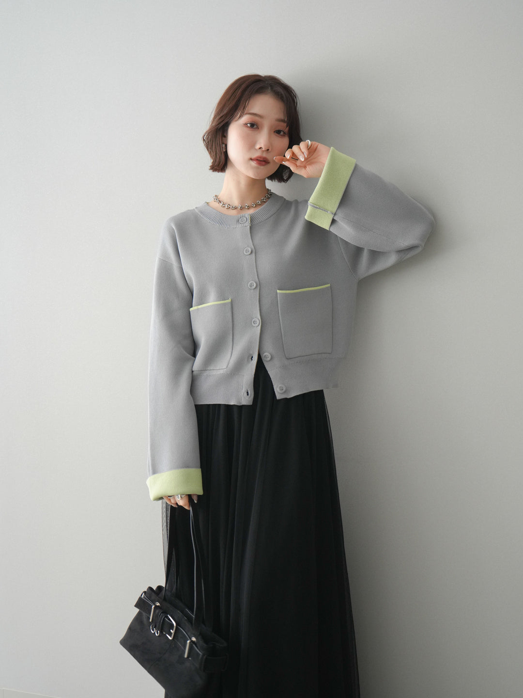 [予約]レーヨンポリダブルフェイスニットカーディガン/gray