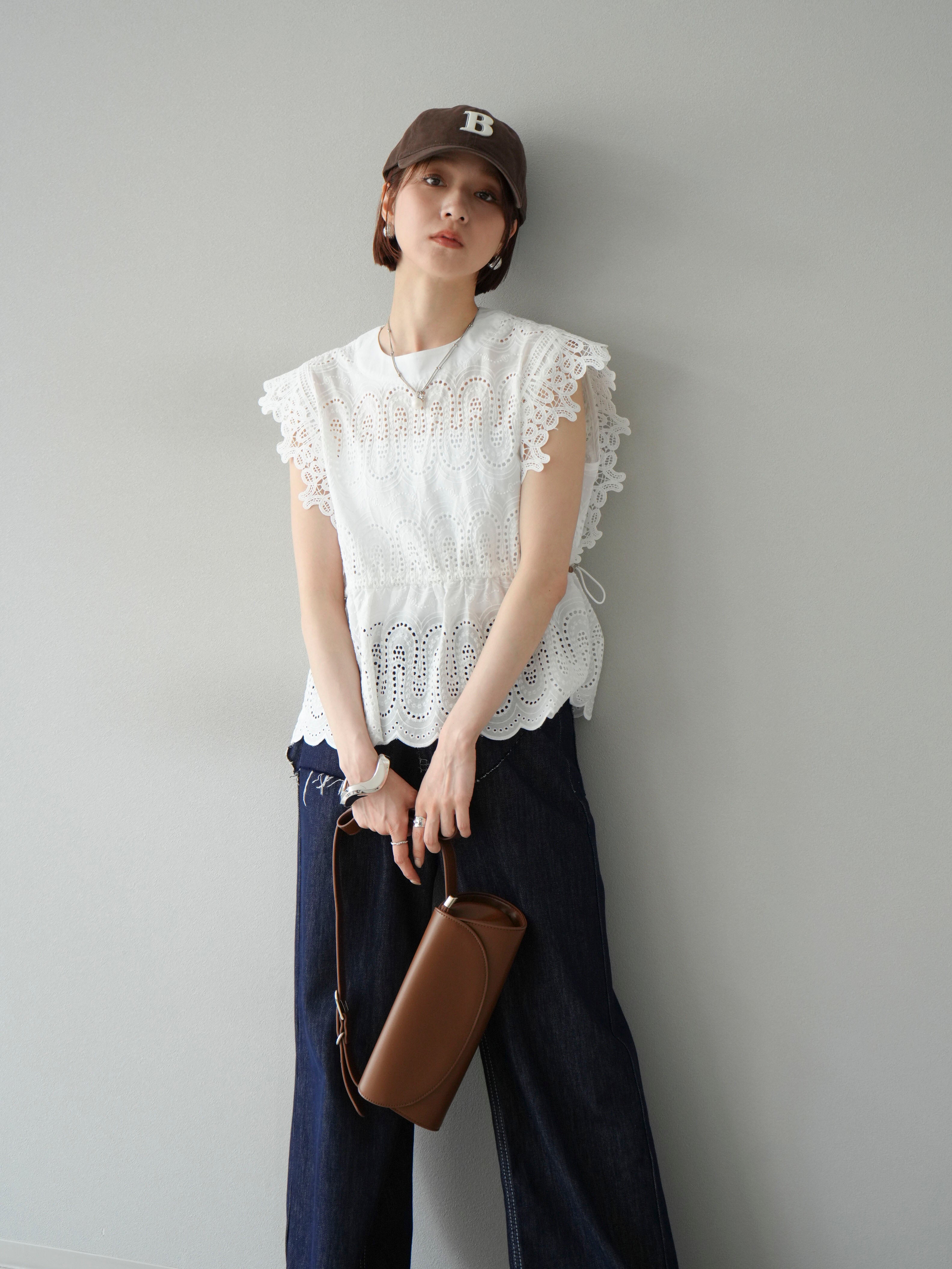 SET]スカラップ刺繍レースブラウス+ヒップデザインデニムパンツ(2set