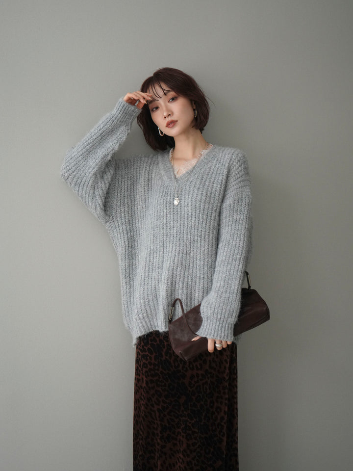 [予約]Vネックレースニットプルオーバー/gray