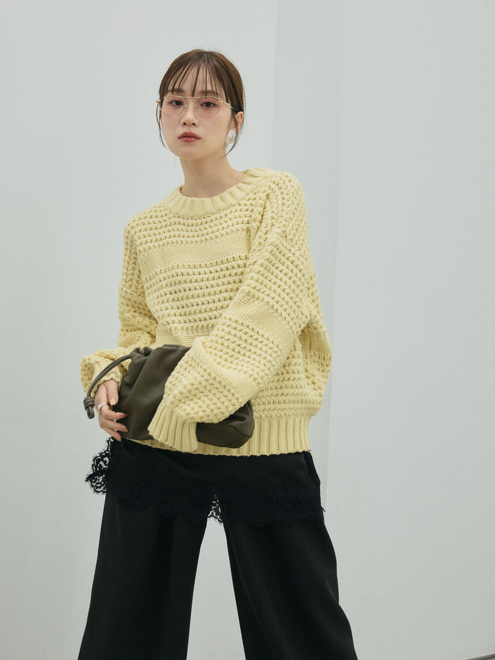 【Allure】[SET]ライン編みニットプルオーバー+ループデザインツイルワイドパンツ(2set)