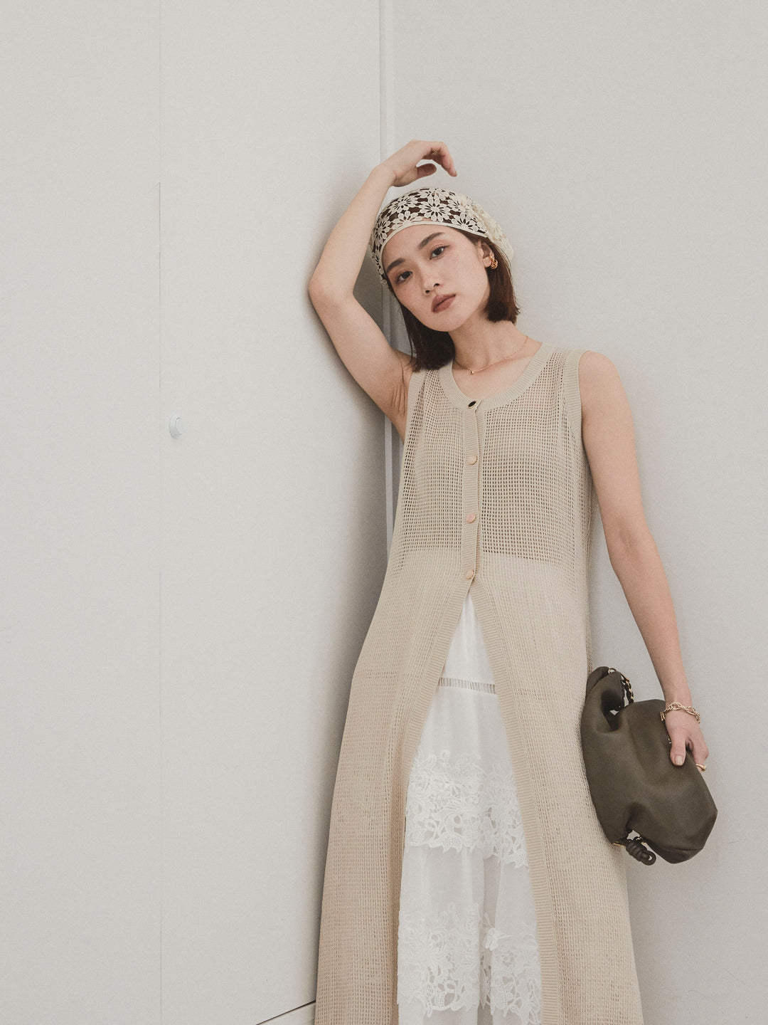 [SET]アソートボタンニットロングジレ+スカラップレースロングスカート(2set)