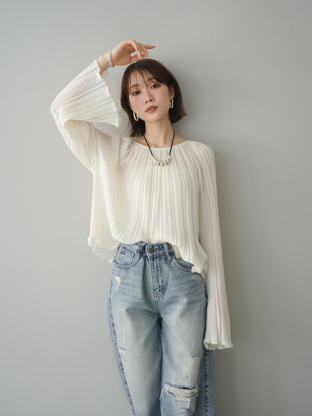 [SET]プリーツシアーフレアスリーブニットトップス+プリーツシアーフレアスリーブニットトップス(2set)