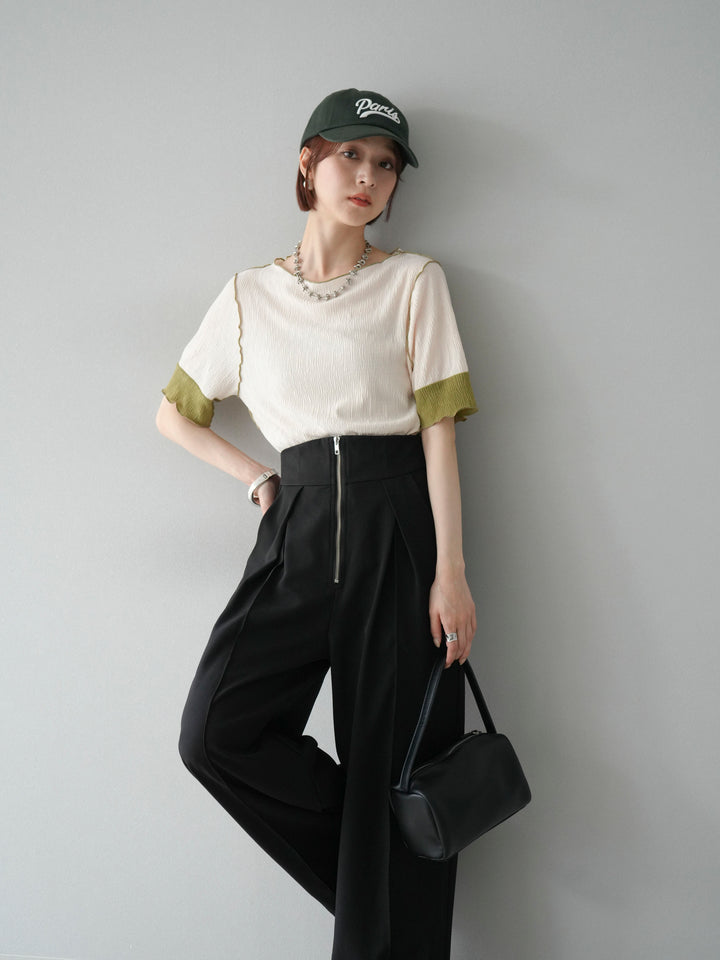 [SET] 百褶同色船領套頭衫 + 拉鍊褶襉寬褲 (2 套)