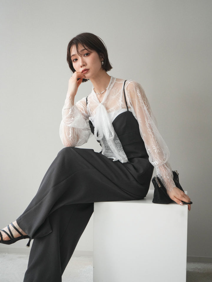 [SET]バックデザインサロペット+リバーレースボウタイトップス(2set)