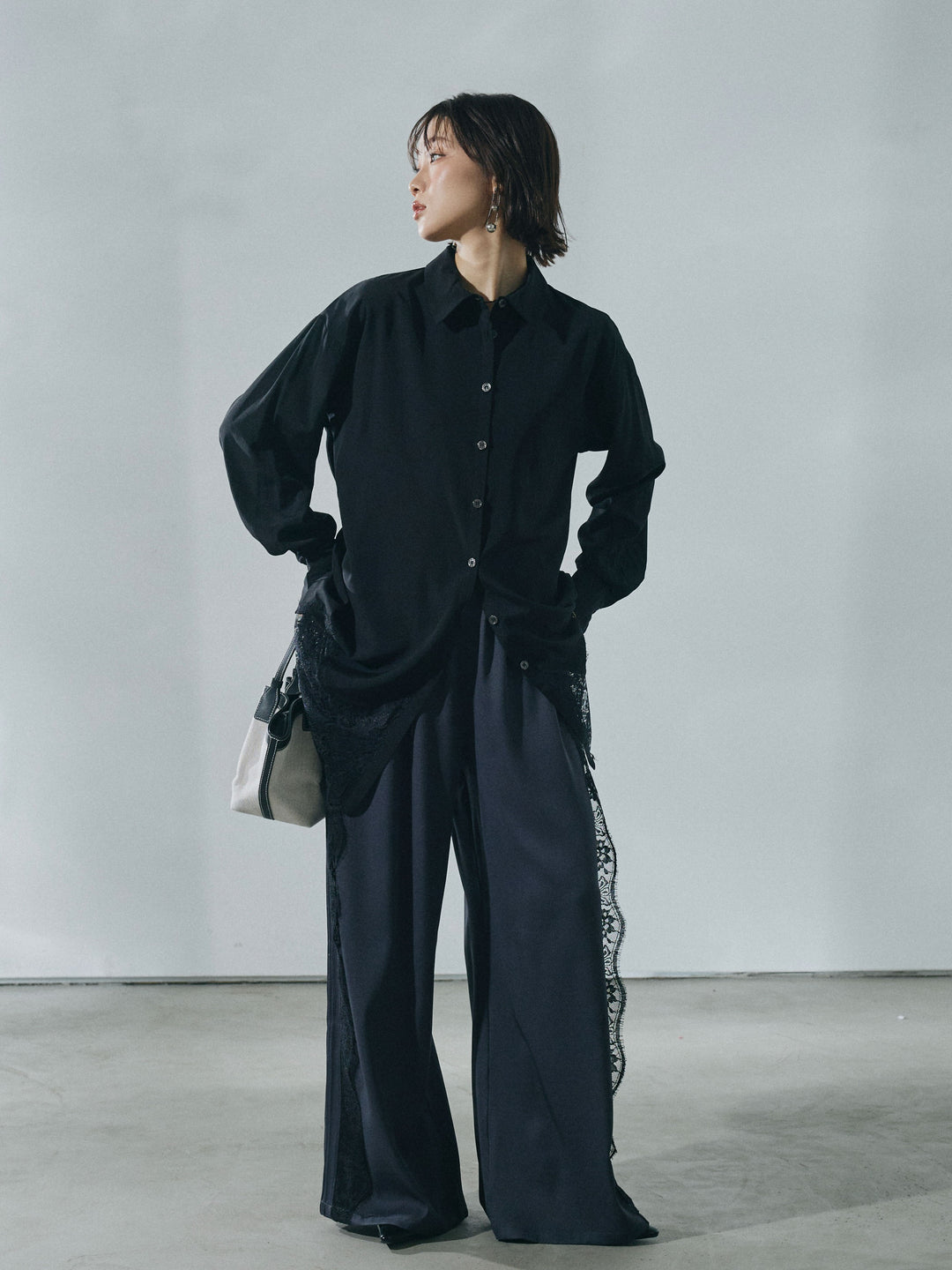 [予約]サイドピンタックレースイージーワイドパンツ/charcoal