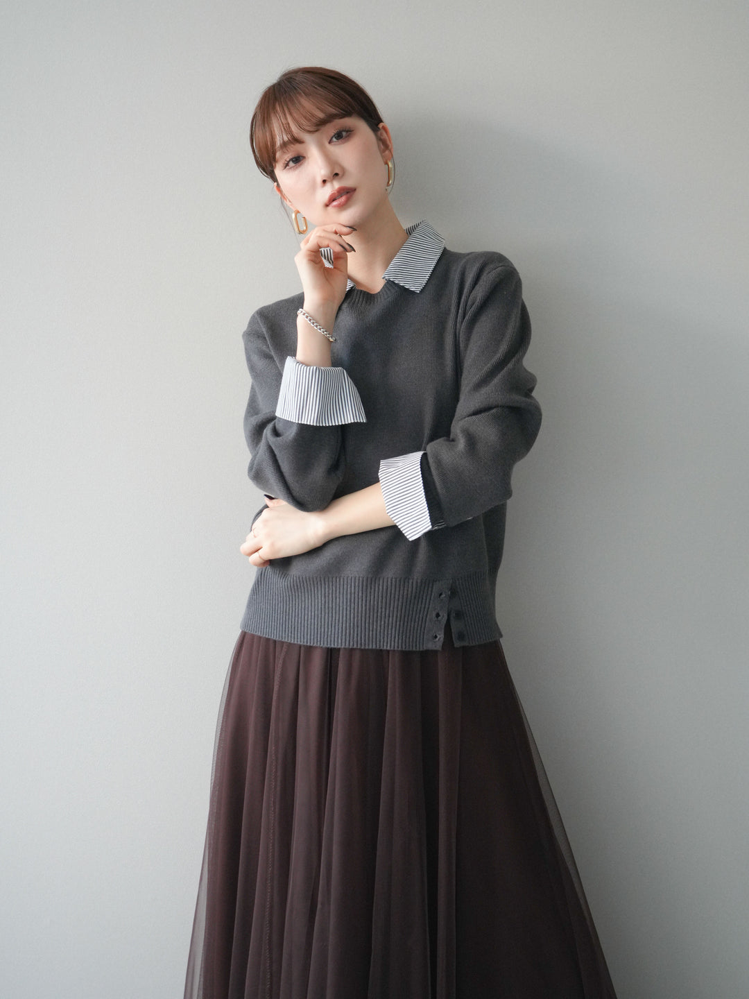 [予約]シャツドッキングデザイン裾ボタンニットプルオーバー/gray