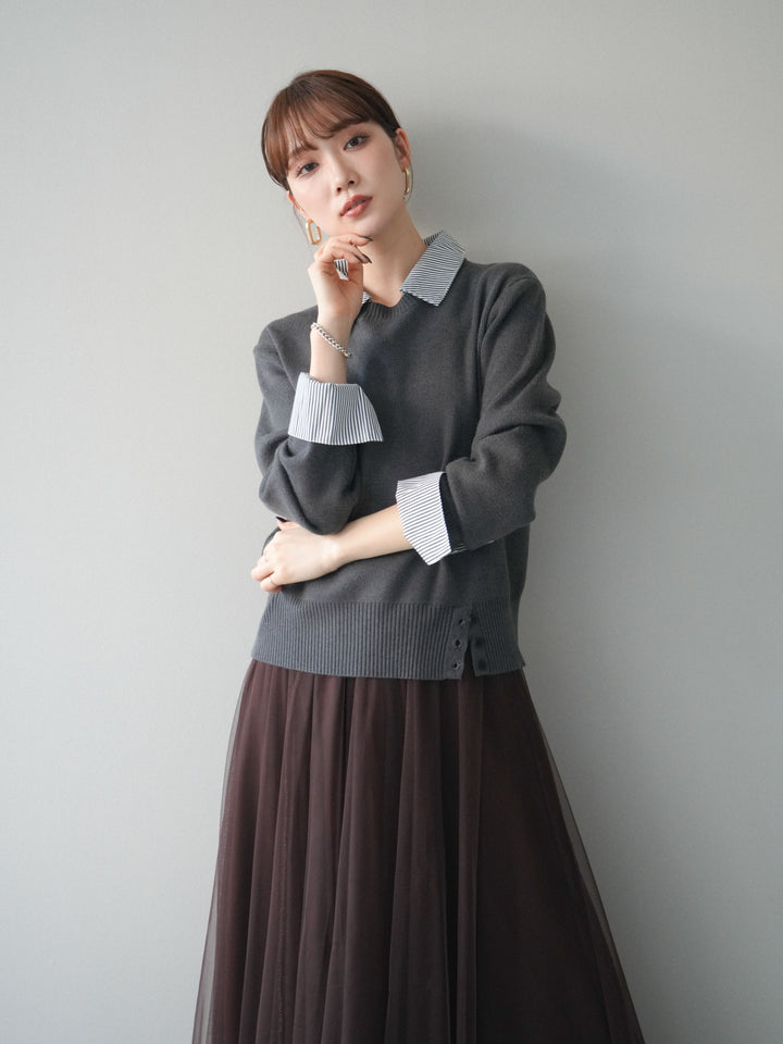 [予約]シャツドッキングデザイン裾ボタンニットプルオーバー/gray