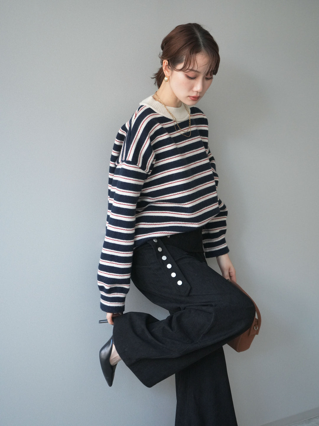 [予約]モックネックボーダーニットプルオーバー/navy