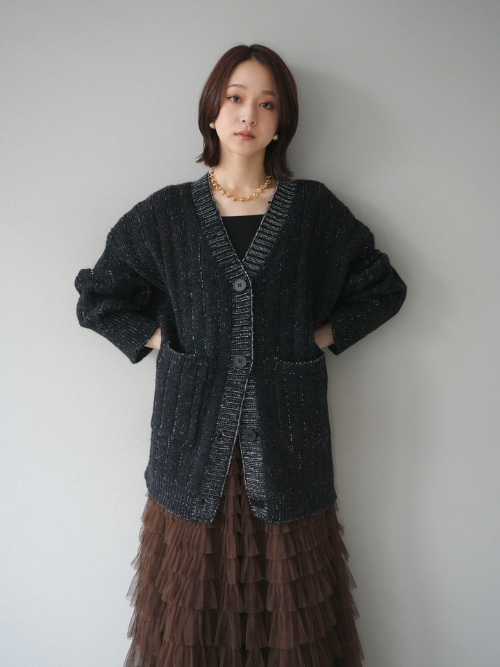 [予約]プレーティングオーバーニットカーディガン/black