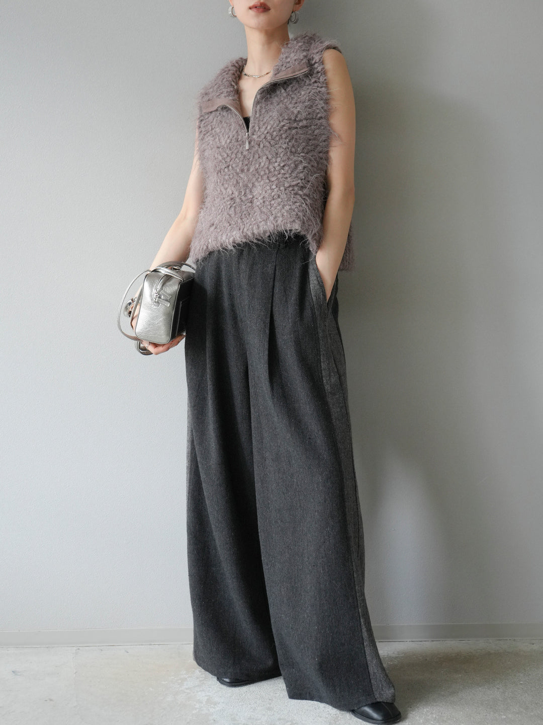 [予約]メランジブークレハーフジップニットベスト/モカ