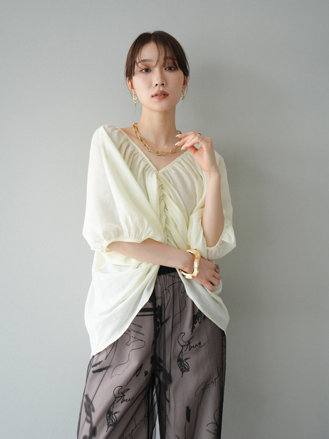 [SET]ボリュームスリーブシアータックブラウス+コード刺繍チュールレイヤードパンツ(2set)