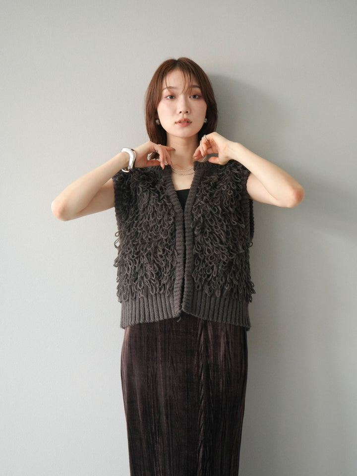 [SET]レザー襟オンブレチェックオーバーシャツ +ループデザインホックベスト +クラッシュベロアナロースカート(3set)