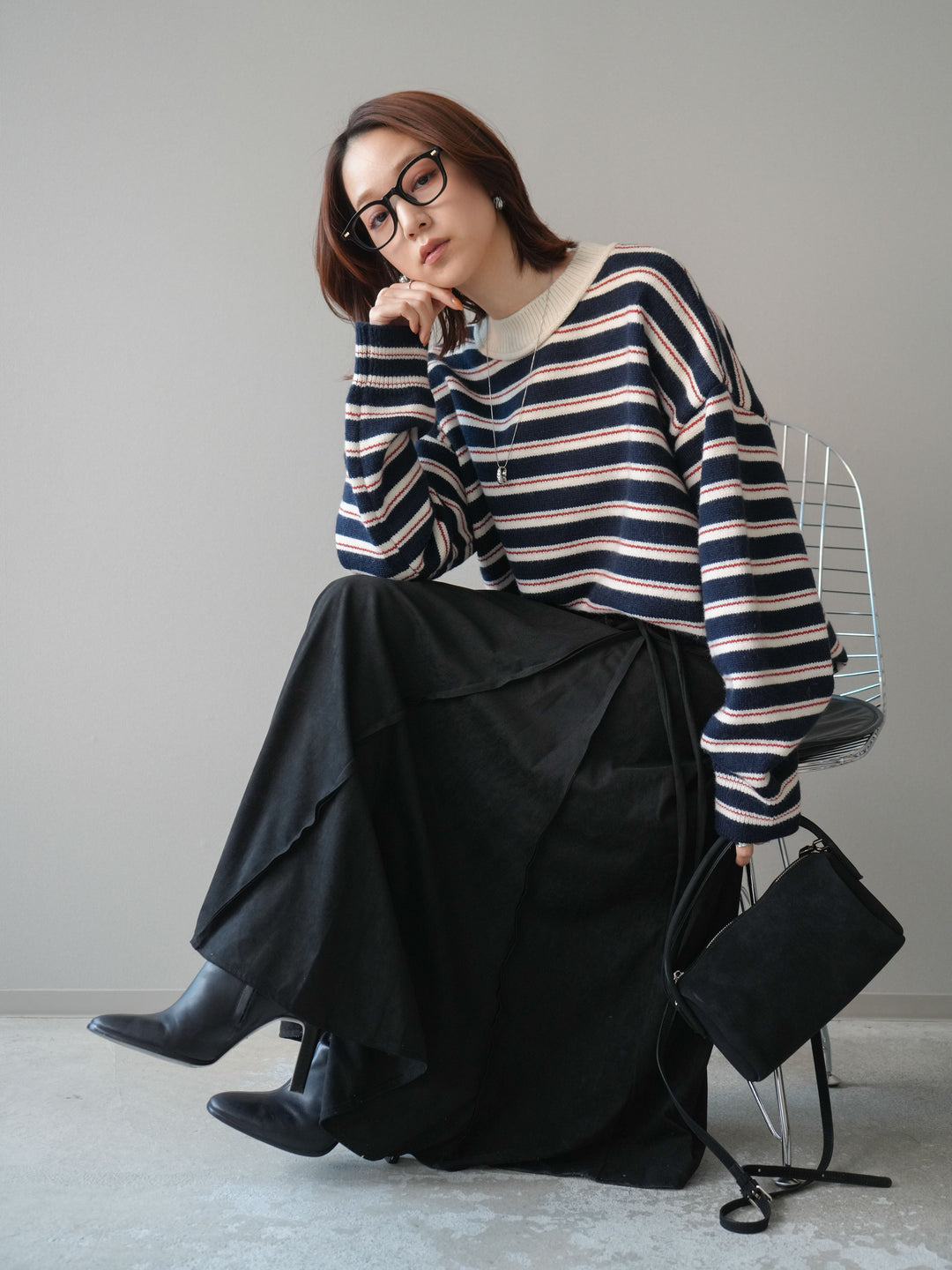 [予約]モックネックボーダーニットプルオーバー/navy