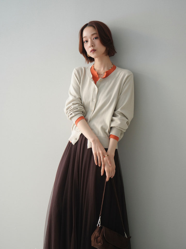 [予約]配色レイヤードコットンアクリルニットカーディガン/ivory