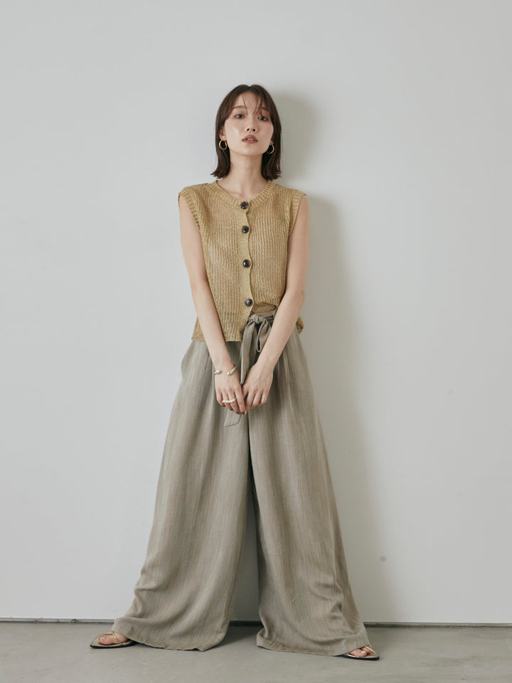 [予約]リネンライクウエストリボンワイドパンツ/ベージュ