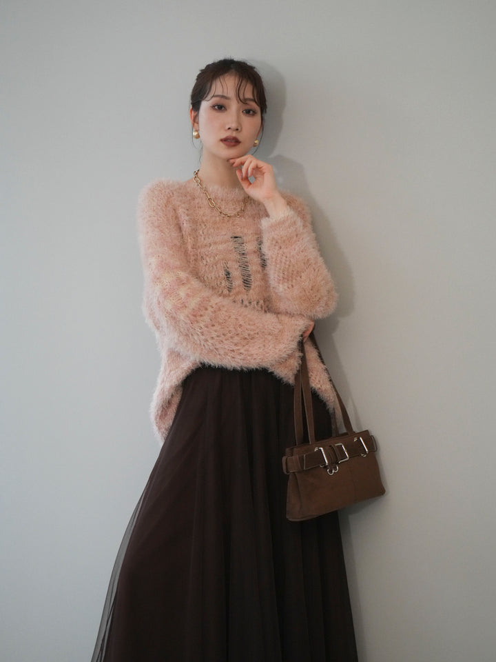 [予約]ミックスシャギールーズニットプルオーバー/pink