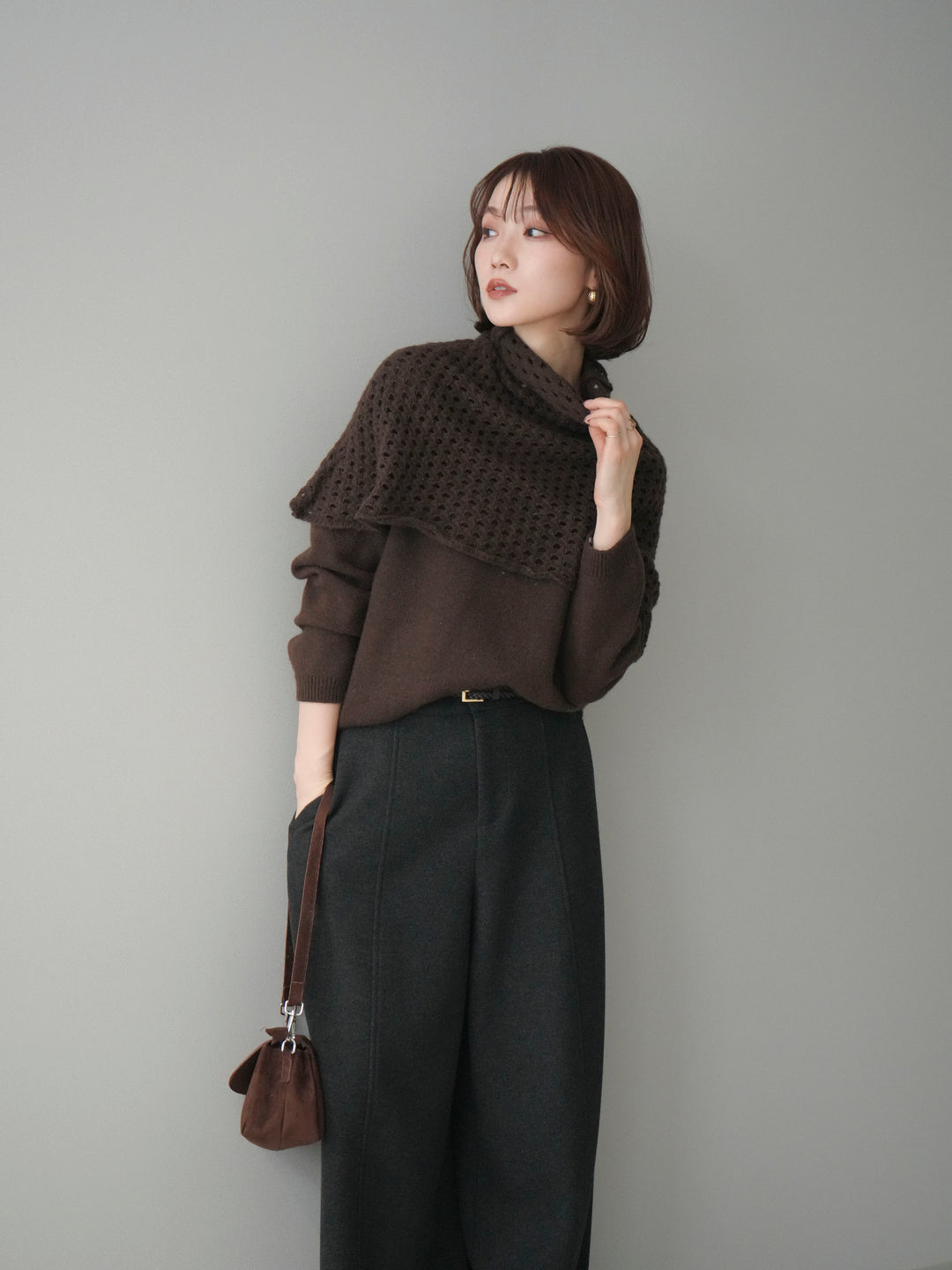 [予約]メッシュケープアンサンブルニットプルオーバー/brown