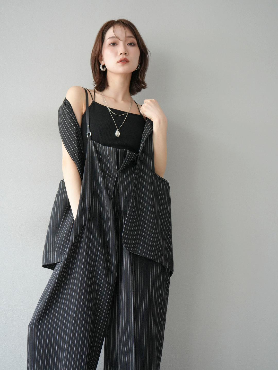 [予約]ヘリンボーンストライプサロペット/ブラック