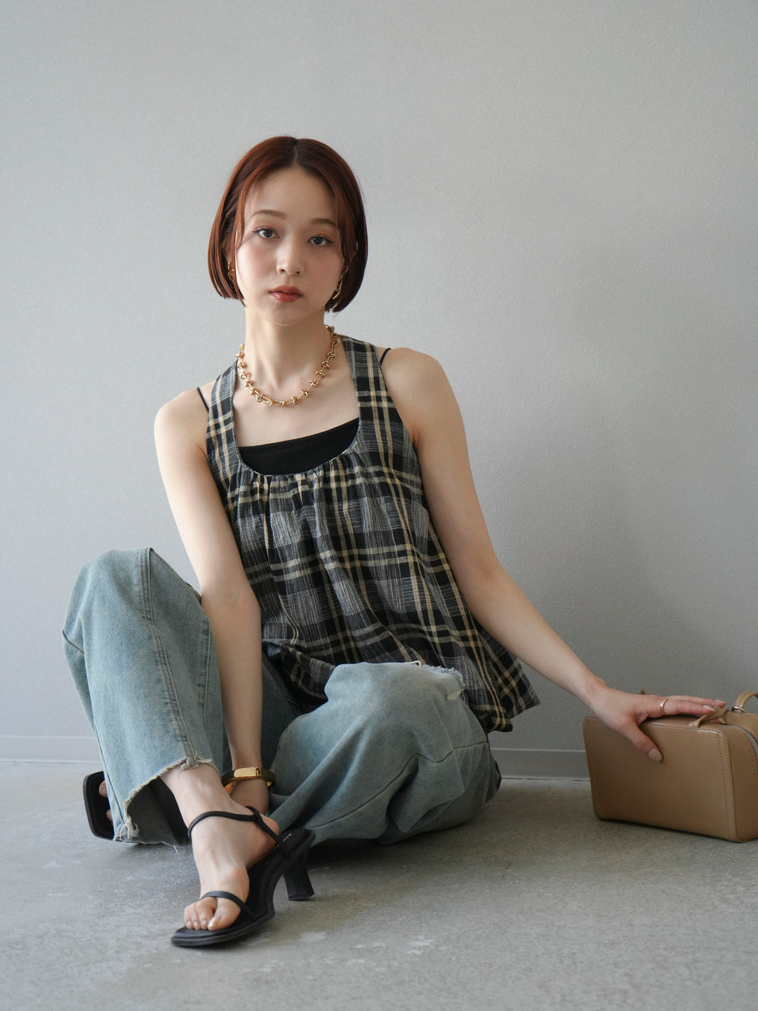 [予約]チェッククロスキャミプルオーバー/ブラック