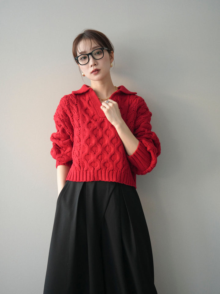 [予約]バルキーケーブルクロップド開襟プルオーバー/red