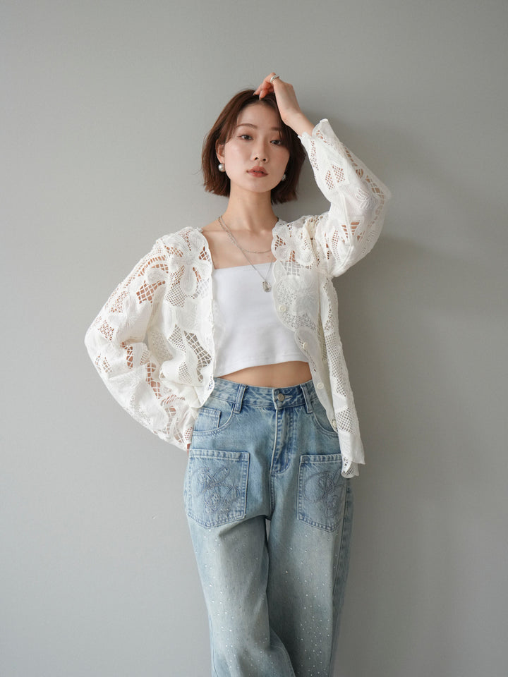 【套裝】3D蕾絲蕾絲上衣+內建胸罩羅紋抹胸吊帶背心（兩件組）