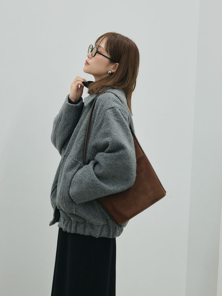 【Allure】[SET]ボトルネックルーズニットワンピース+スタンドカラーシャギーフライトジャケット(2set)