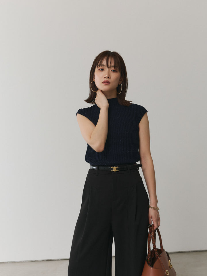 【Allure】[SET]ミックスヤーンデザインリブフレンチスリーブニット+デザインタックセンターシームアイドパンツ(2set)