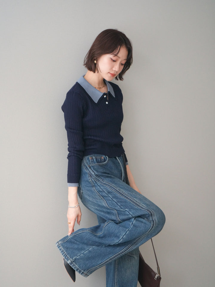 [SET]ダブル襟ポロリブニットトップス+ダブル襟ポロリブニットトップス(2set)