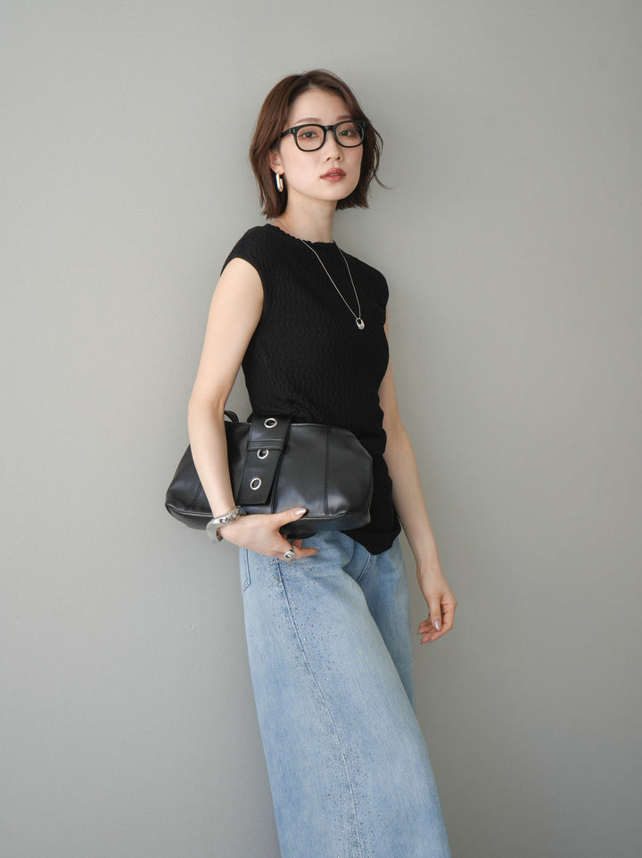 [予約]サイドシャーリングボトルネックノースリーブニットプルオーバー/black