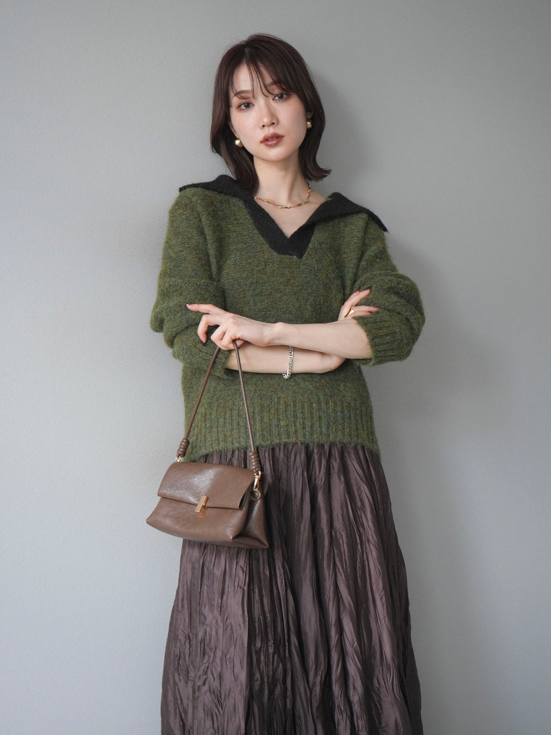 [予約]バイカラー襟付きニットプルオーバー/green