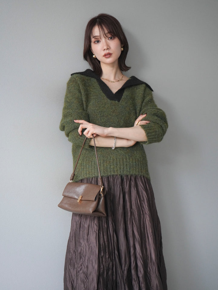 [予約]バイカラー襟付きニットプルオーバー/green