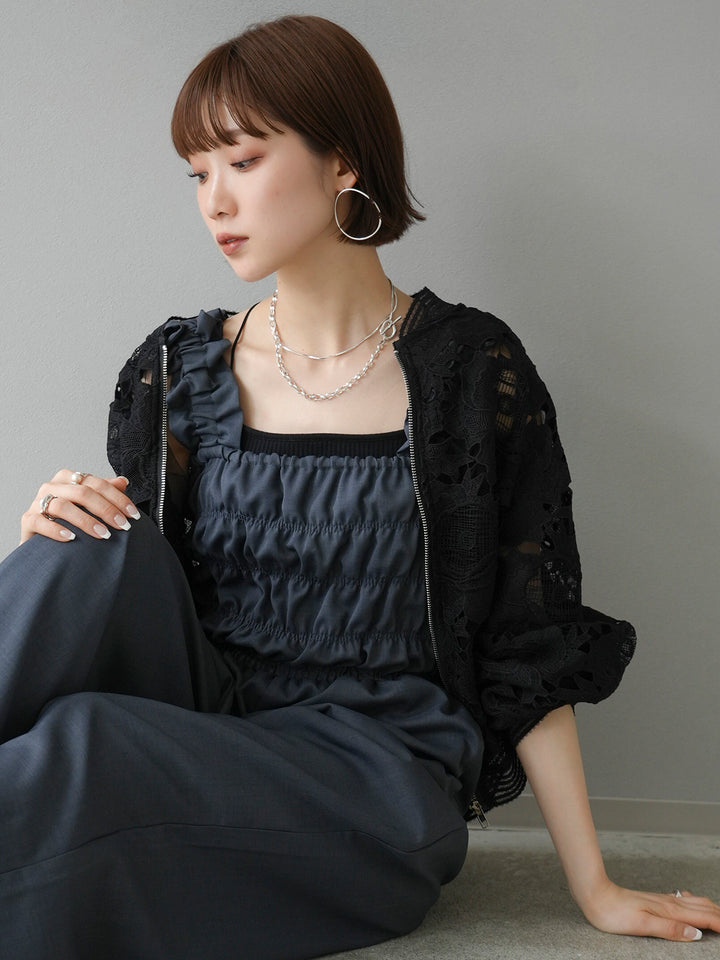 [SET] Shirring design overalls + all-lace blouson (2 sets)