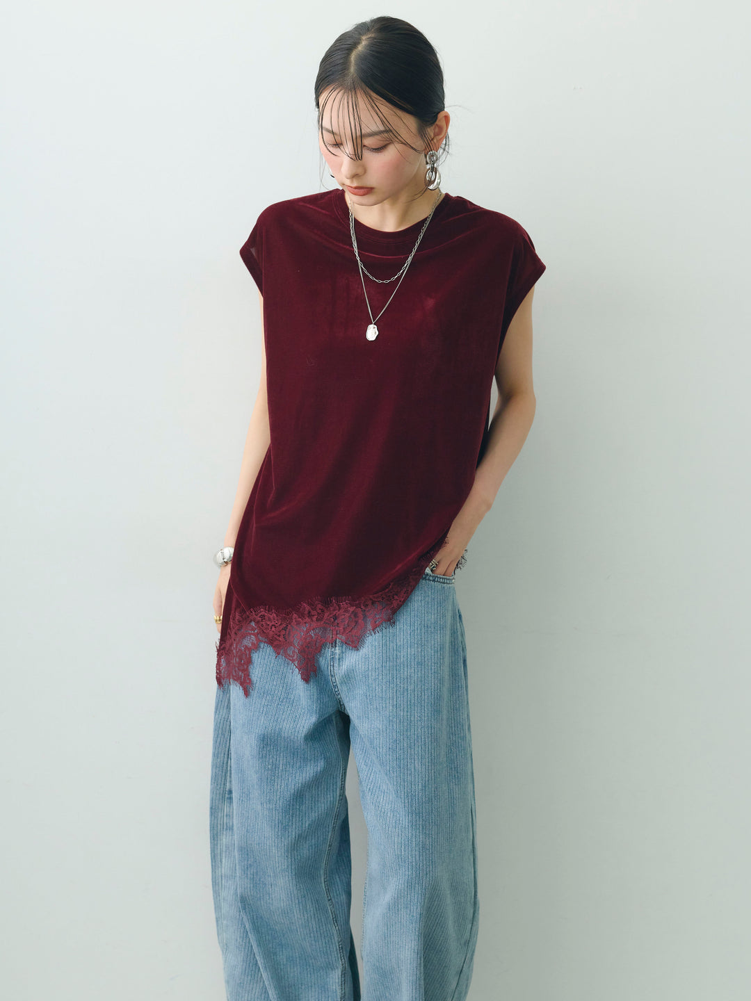 [予約]ベロアレースコンビアシメノースリトップス/bordeaux