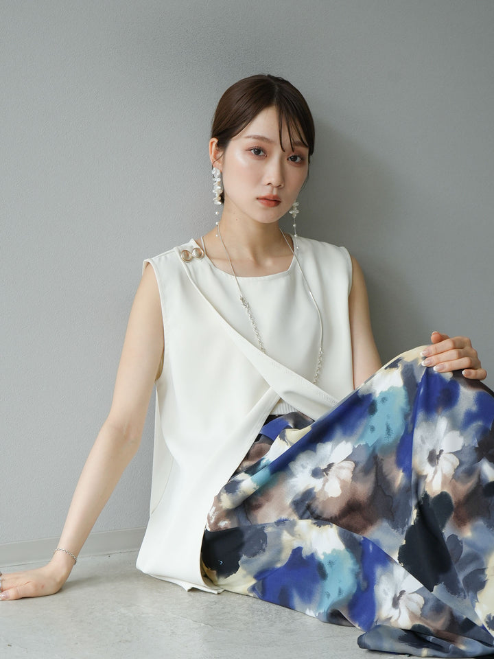 [SET] Layered design vest + watercolor print tuck I-line skirt (2set)