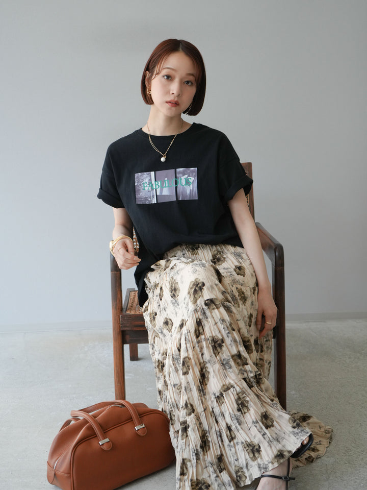 [SET]ネオンロゴコラージュフォトプリントオーバーTシャツ+フラワーワッシャーロングスカート(2set)