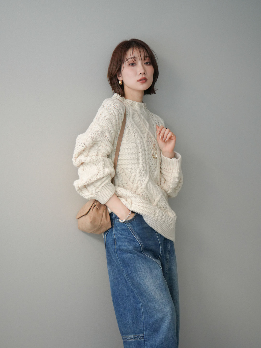 [SET]ケーブル編みモックネックニットプルオーバー+選べるアクセセット(2set)