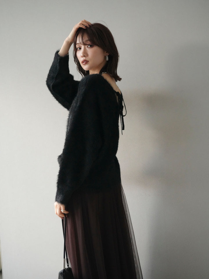 [予約]バックリボンVネックシャギーニットプルオーバー/black