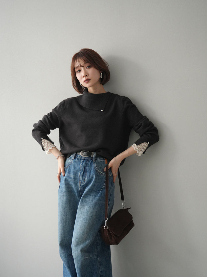 [予約]袖レースパール付き配色ニットトップス/darkbrown