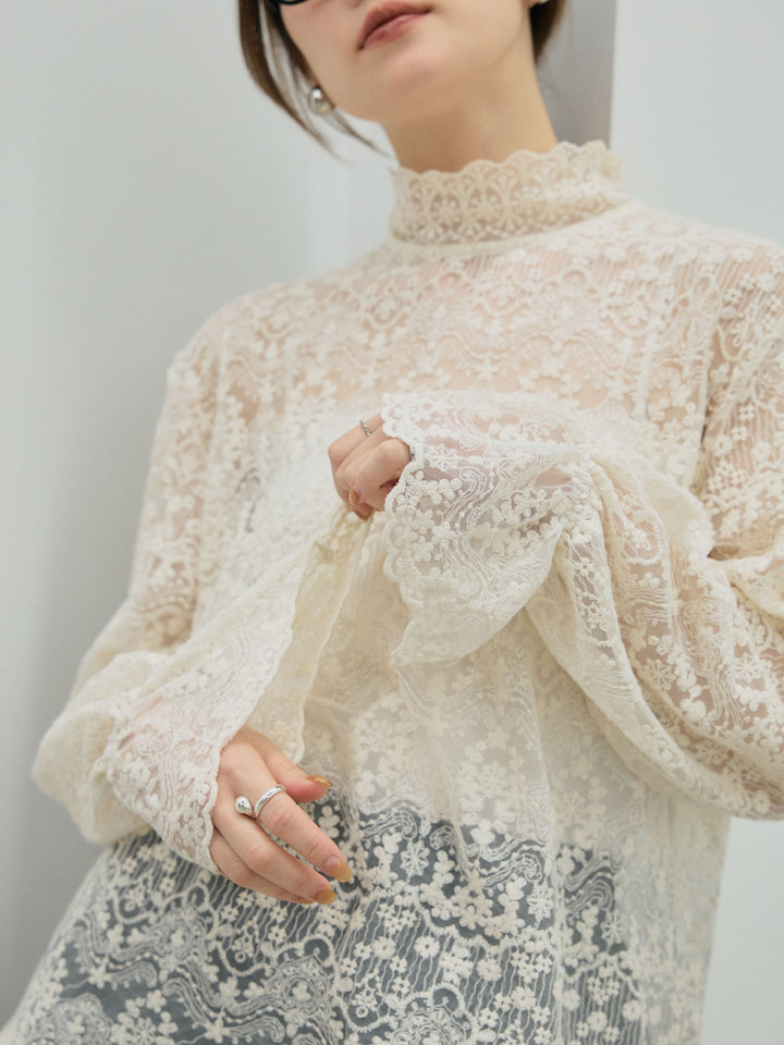 【Allure】[SET]ハイネックレーストップス+モックスカルゼサイドタックコクーンパンツ(2set)