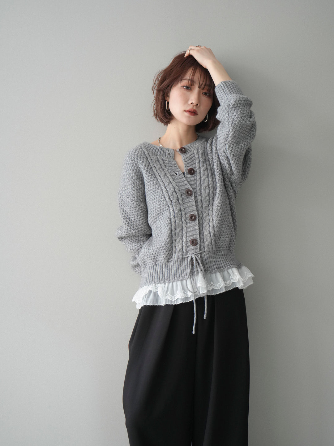 [SET]裾レースケーブルニットカーディガン+裾レースケーブルニットカーディガン(2set)