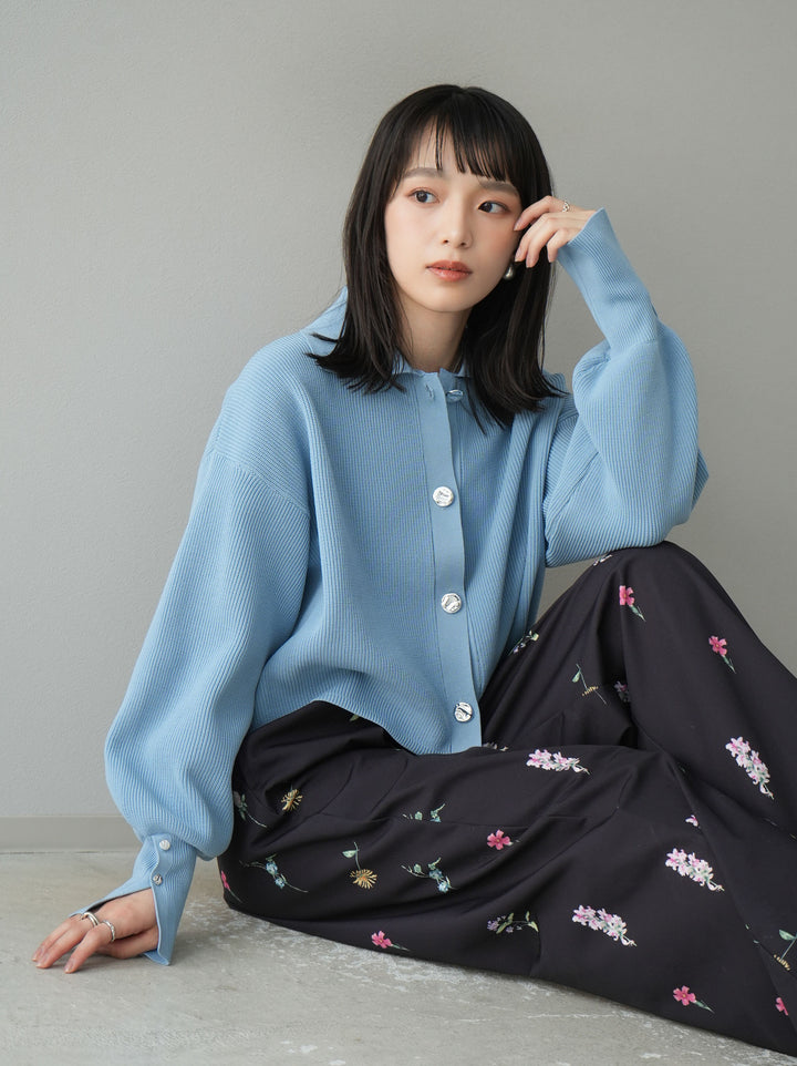 [SET]ボリュームスリーブポロニットカーディガン+フラワーアートプリントタックパンツ(2set)