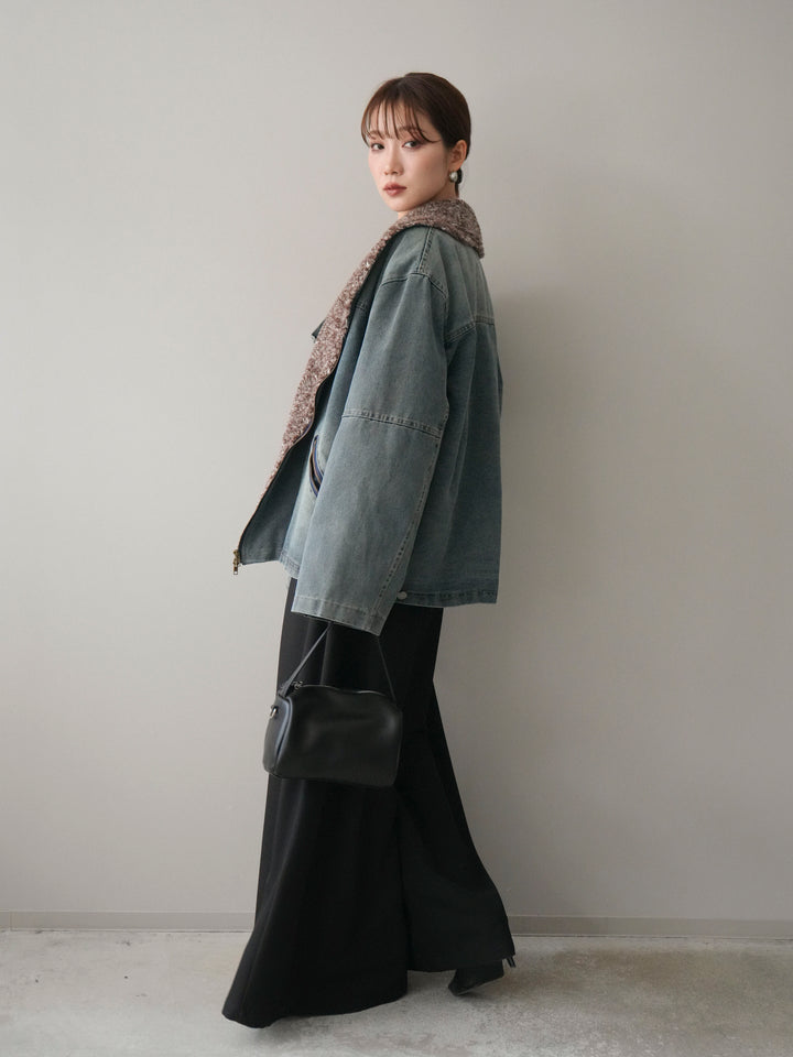 [SET]ミックスボアデニムジャケット+テープベルトタックバギーパンツ(2set)