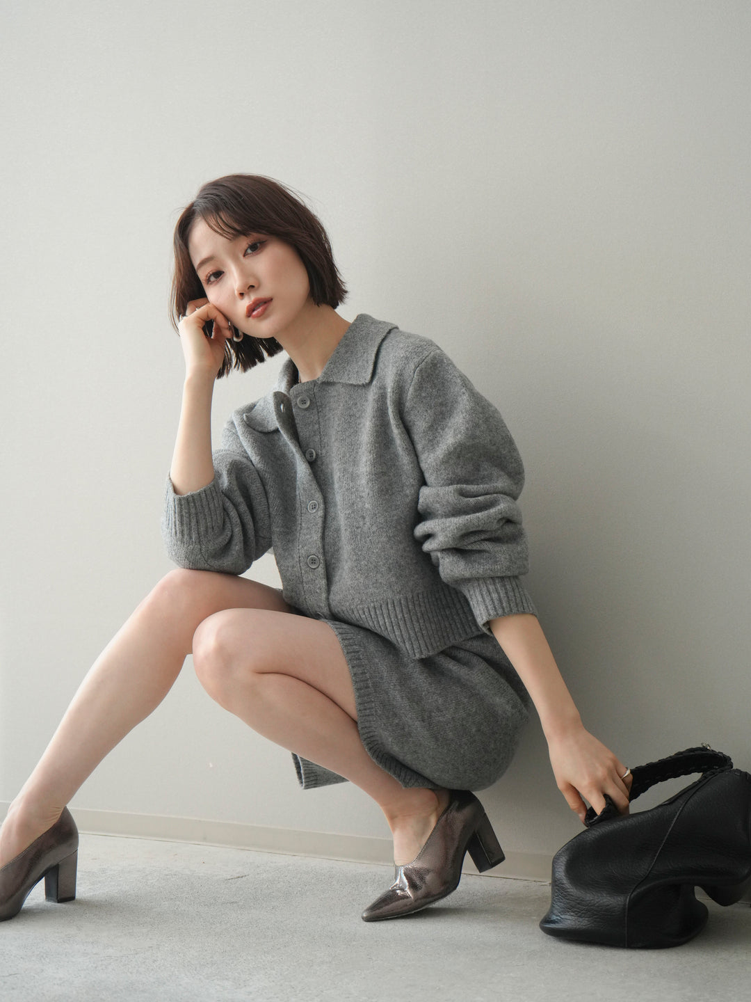 [予約]メランジニット襟付きクロップドカーディガン/gray