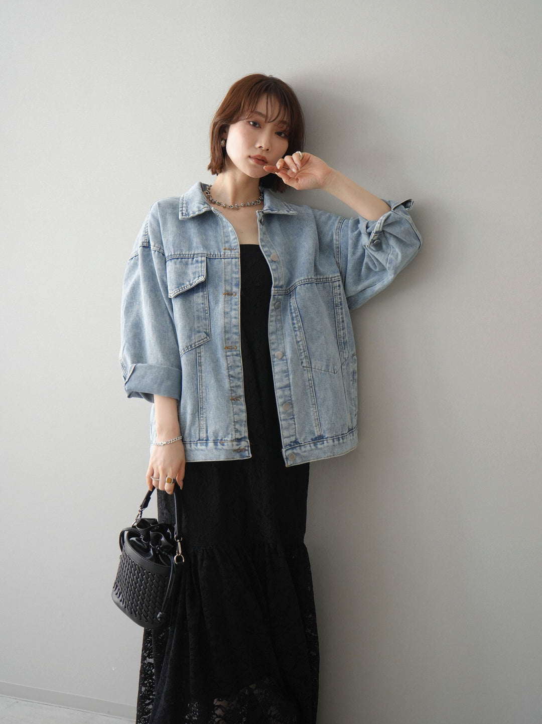 [予約]ギャザー切替レースキャミワンピース/black