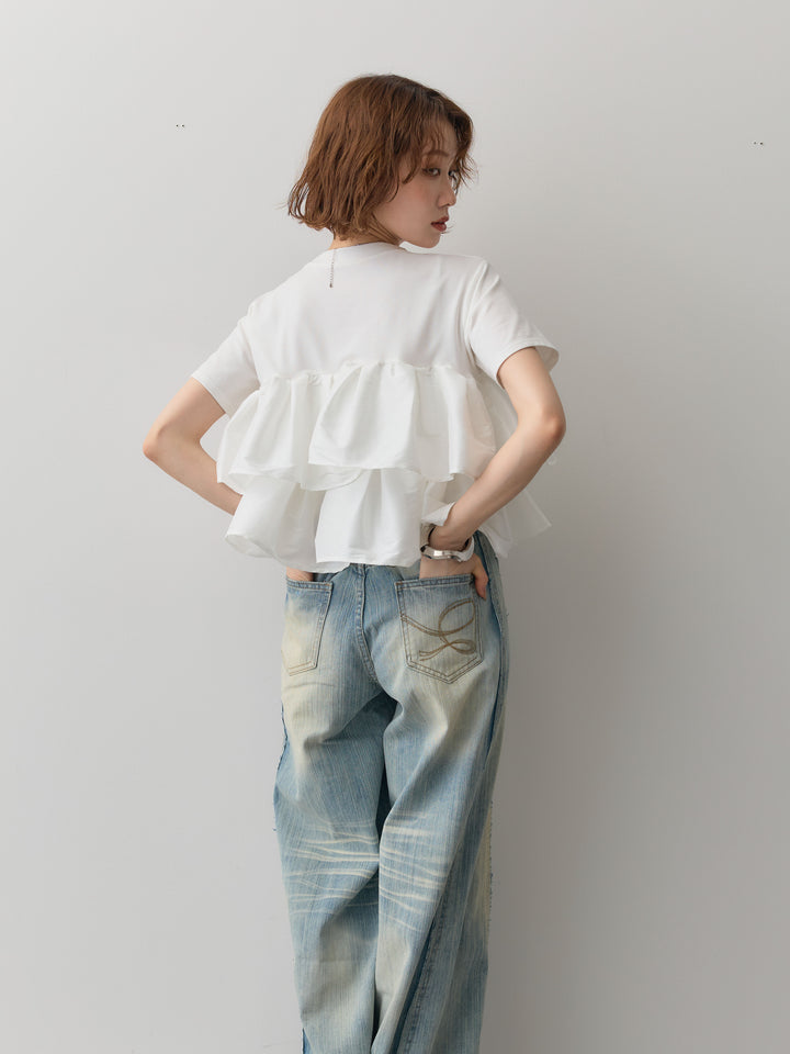 [SET]フリルティアードTEE+縦ウォッシュワイドデニムパンツ(2set)