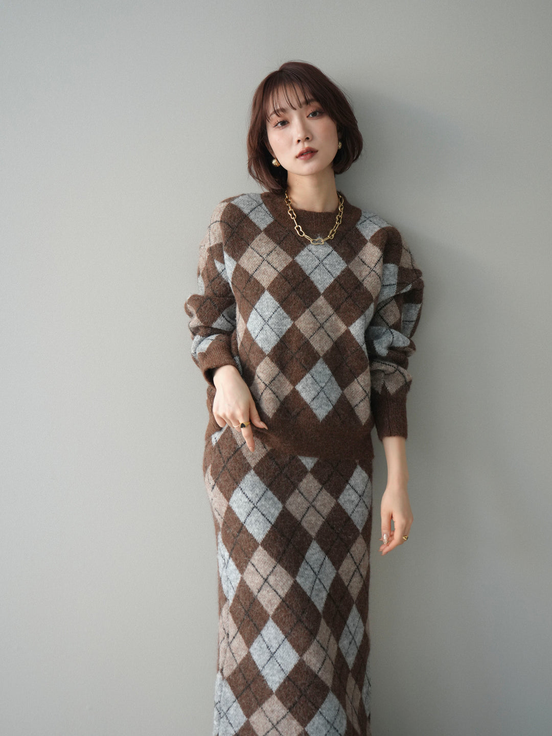 [SET]アーガイルニットプルオーバー&ロングスカートSET UP(2set)