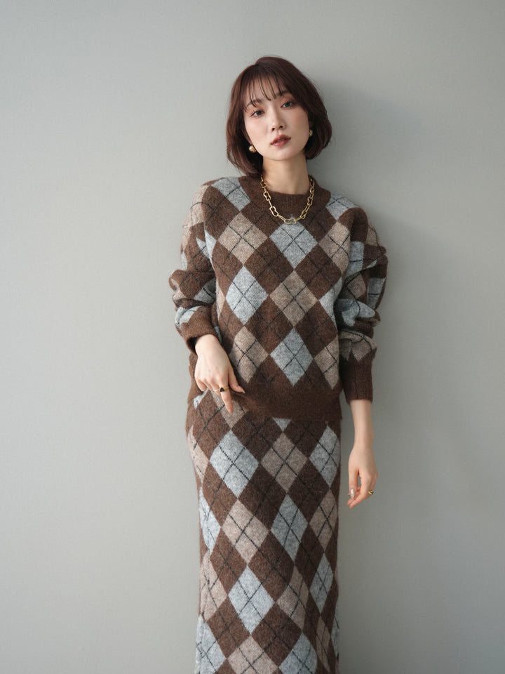 [SET]アーガイルニットプルオーバー&ロングスカートSET UP(2set)