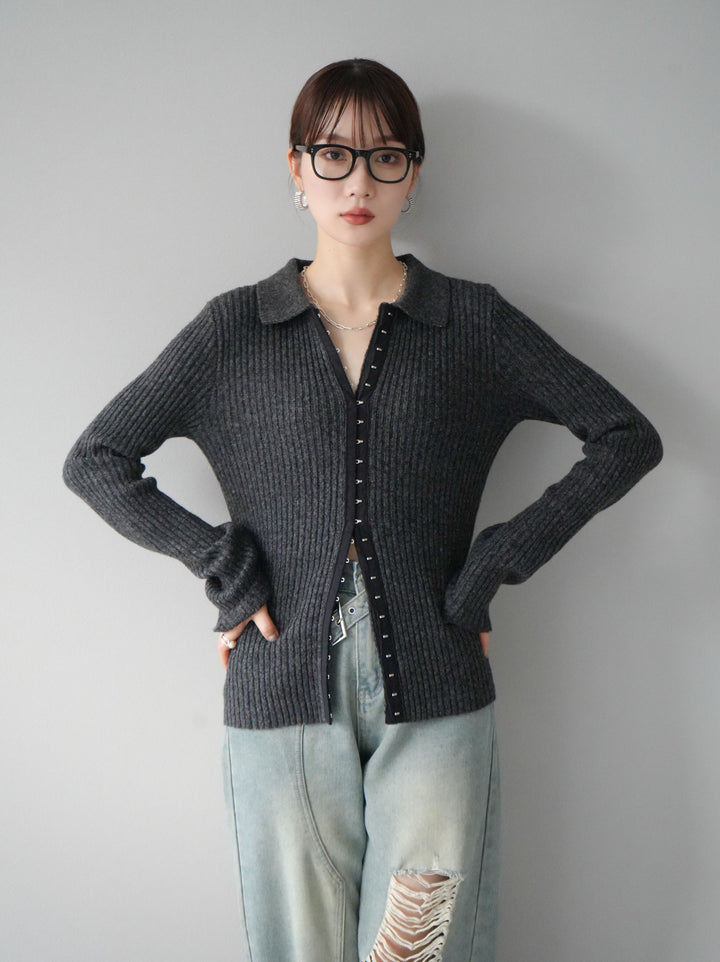 [預訂] 鉤眼細部領口針織開襟衫/炭灰