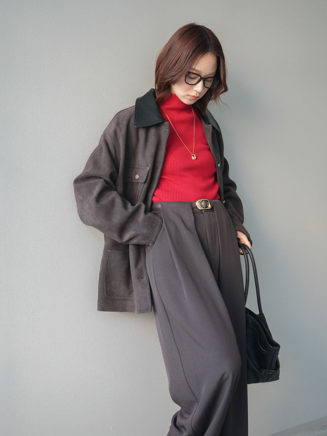 [SET]襟レザーステンカラースエードジャケット+袖ボタンボトルネックリブニットトップス+ベルトループデザインワイドパンツ(3set)