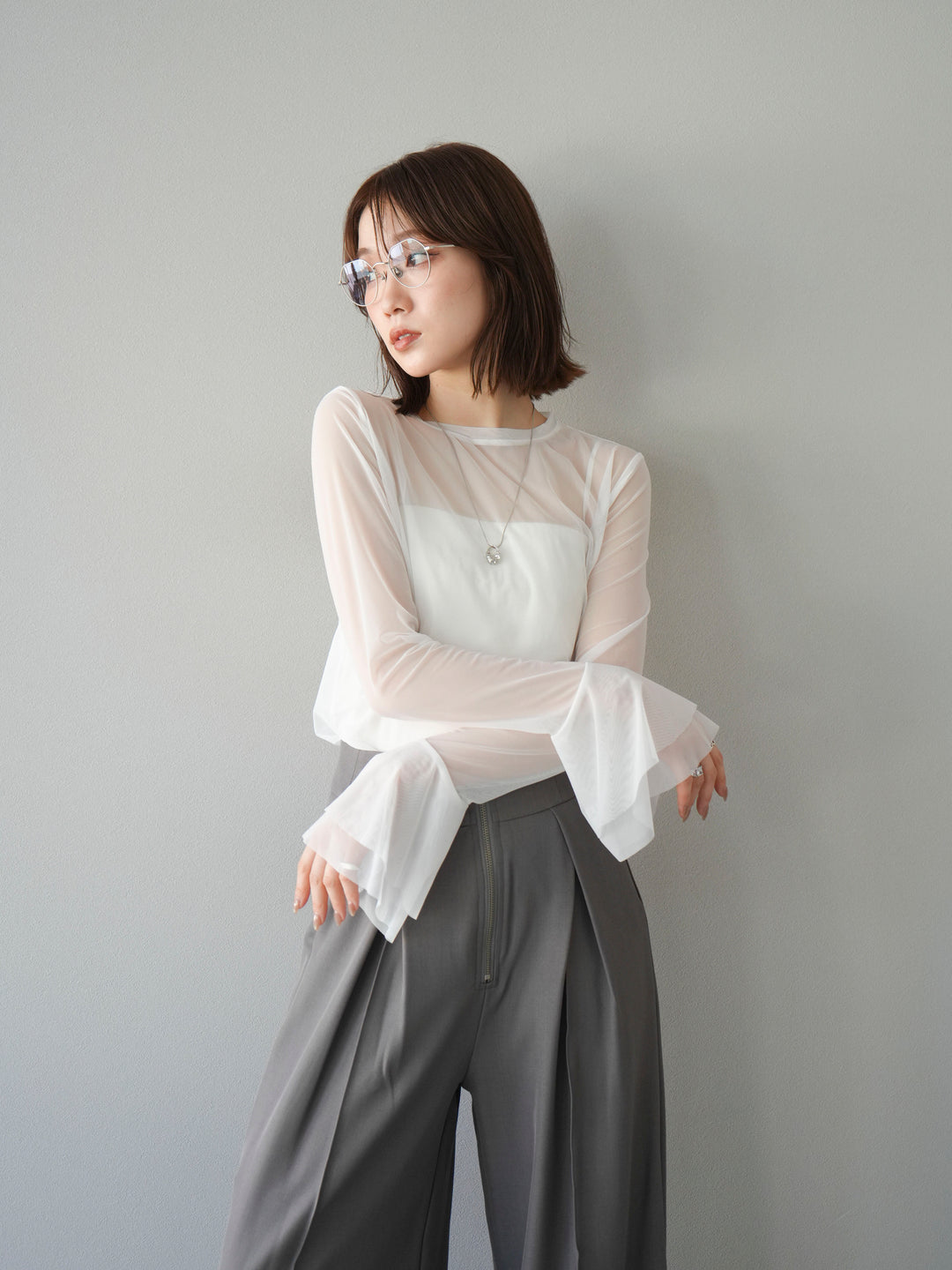 [予約]フレアロングスリーブパワーメッシュトップス/オフ